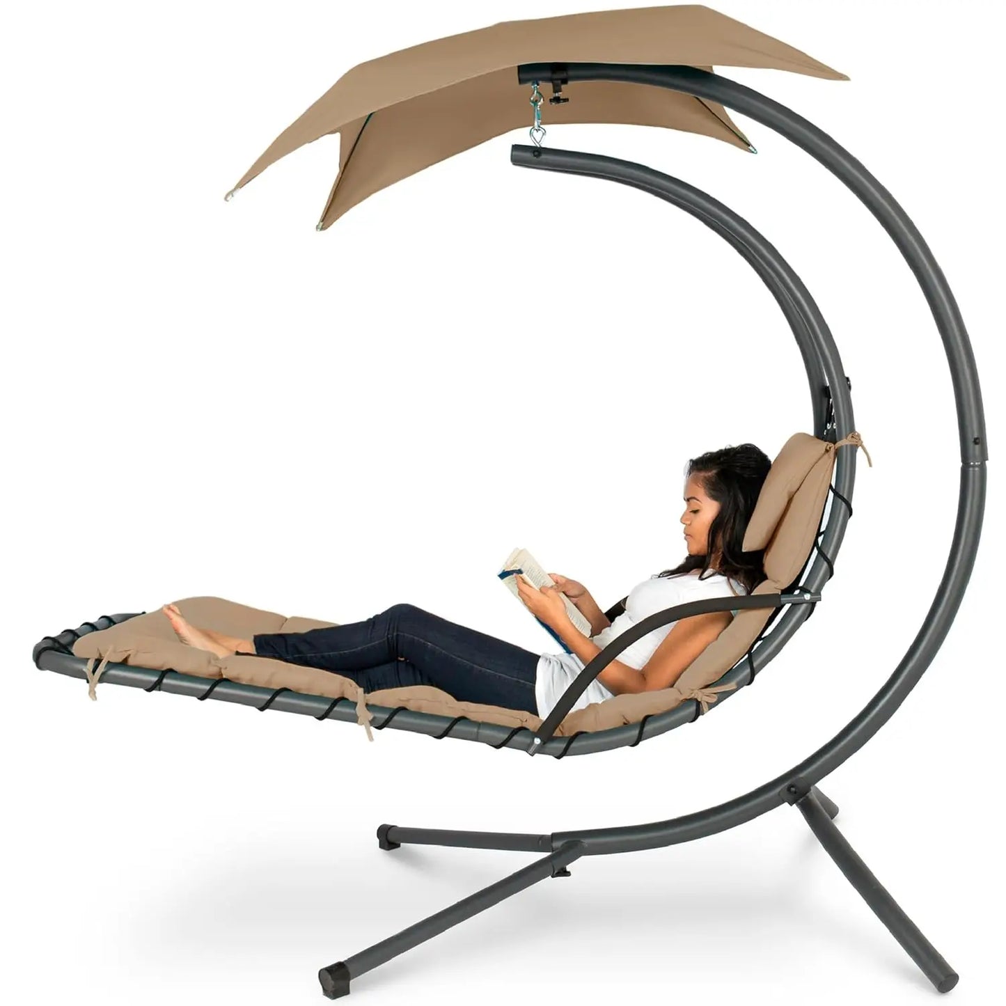 Curved Steel Outdoor Hanging Chaise Lounge With Built-In Pillow