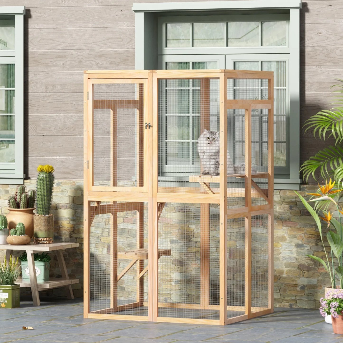 Outdoor Catio Cat Enclosure Wooden Cat House Window Access