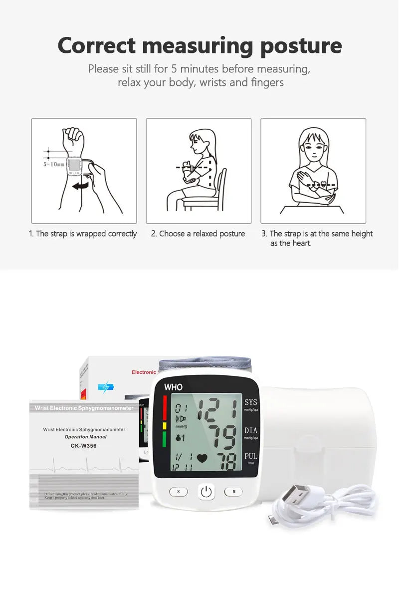 TAKROL Digital Wrist Blood Pressure Monitor Tensiometer With LCD 2x90 Memory Rechargeable