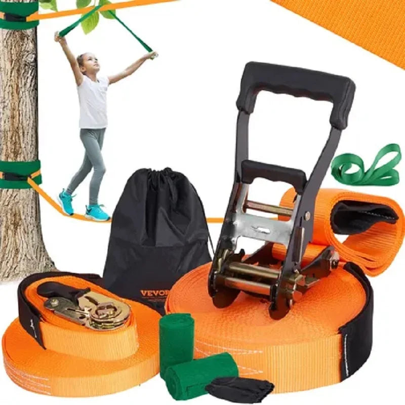 VEVOR Slackline Kit With Training Line For Backyard Fun Durable Dual Ratchet Webbing