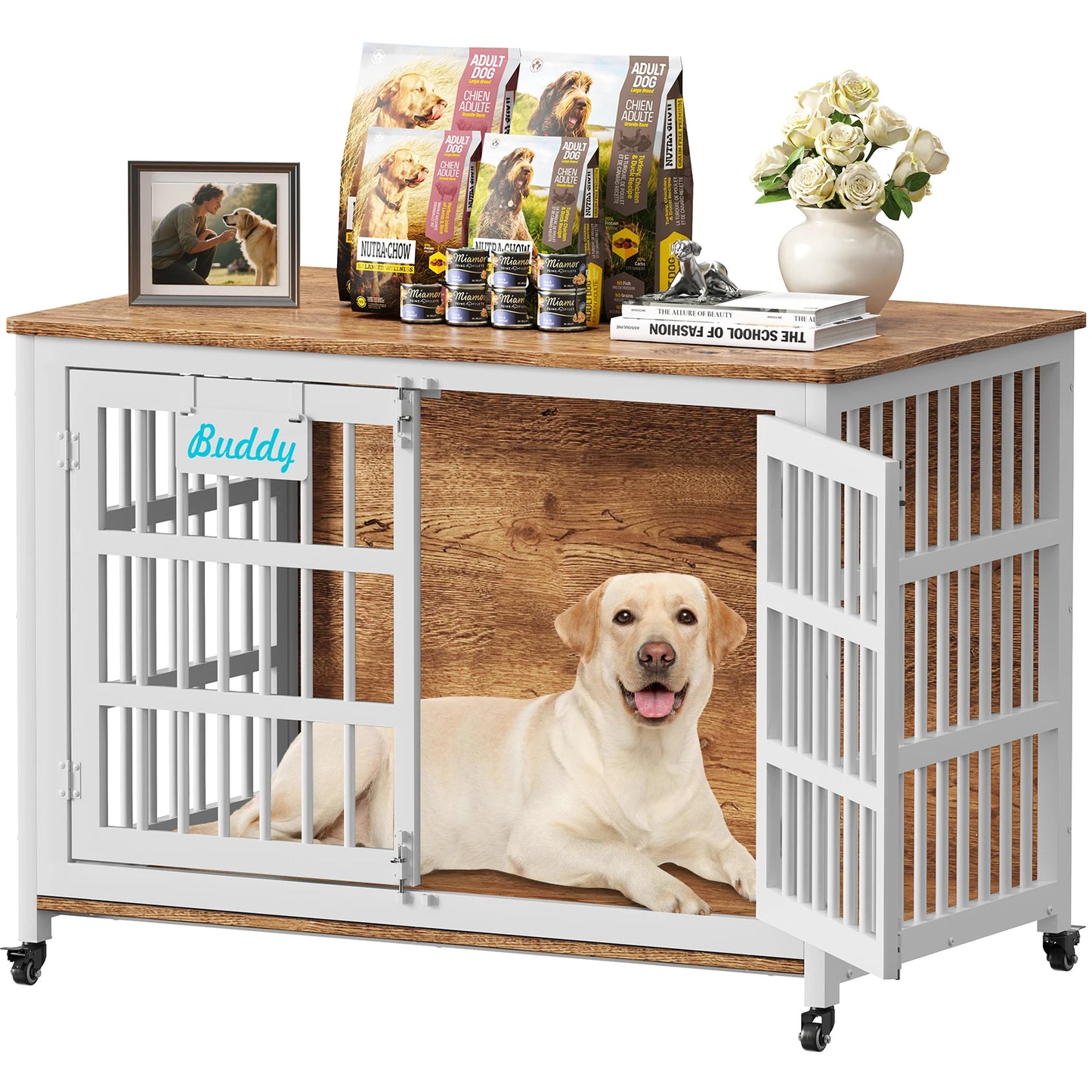 Heavy Duty Indoor Dog Crate Furniture With Casters