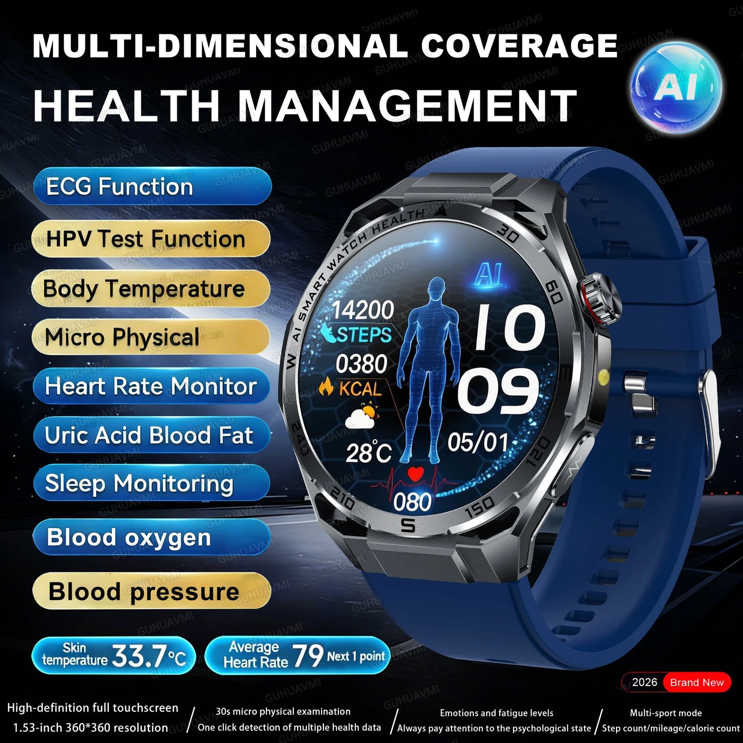 Smart Health Watch With ECG And PPG Body Fat Analysis Uric Acid BP Blood Oxygen Bluetooth Calling