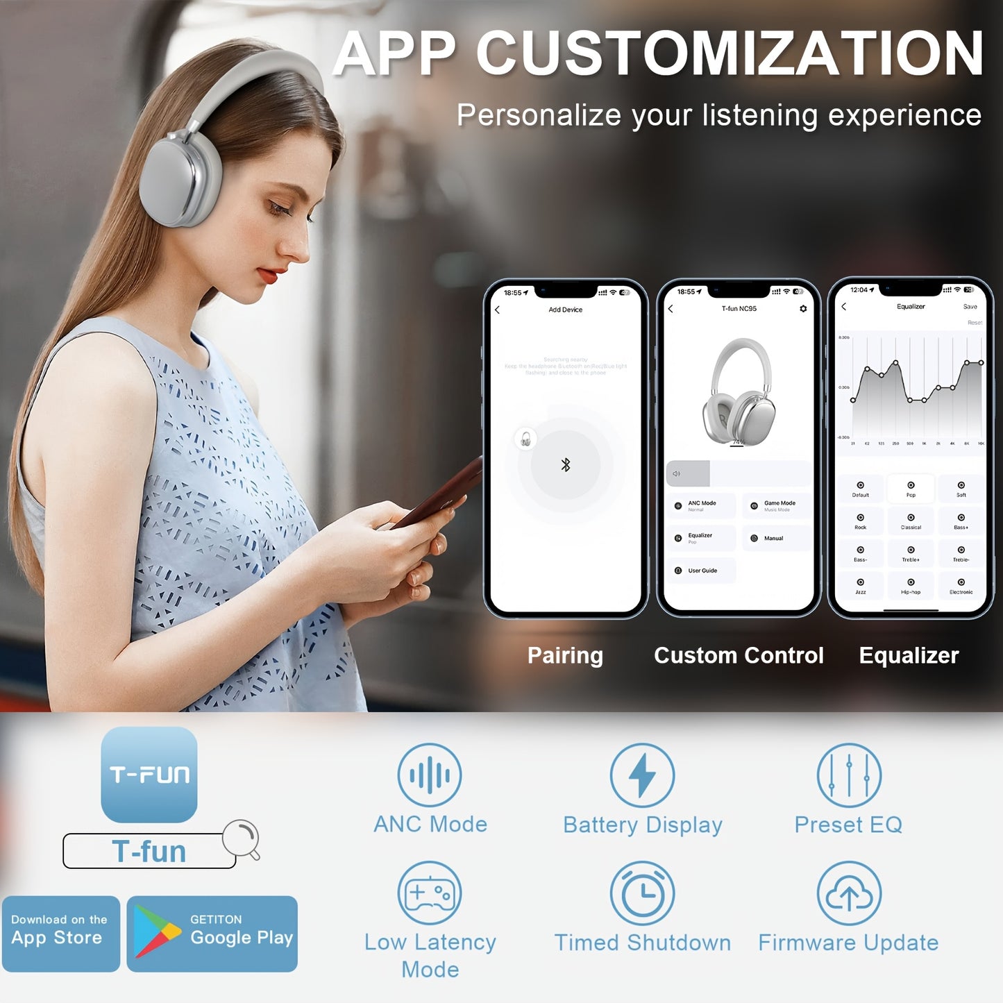 T-fun NC95 Bluetooth Hybrid ANC Headphones with Mic