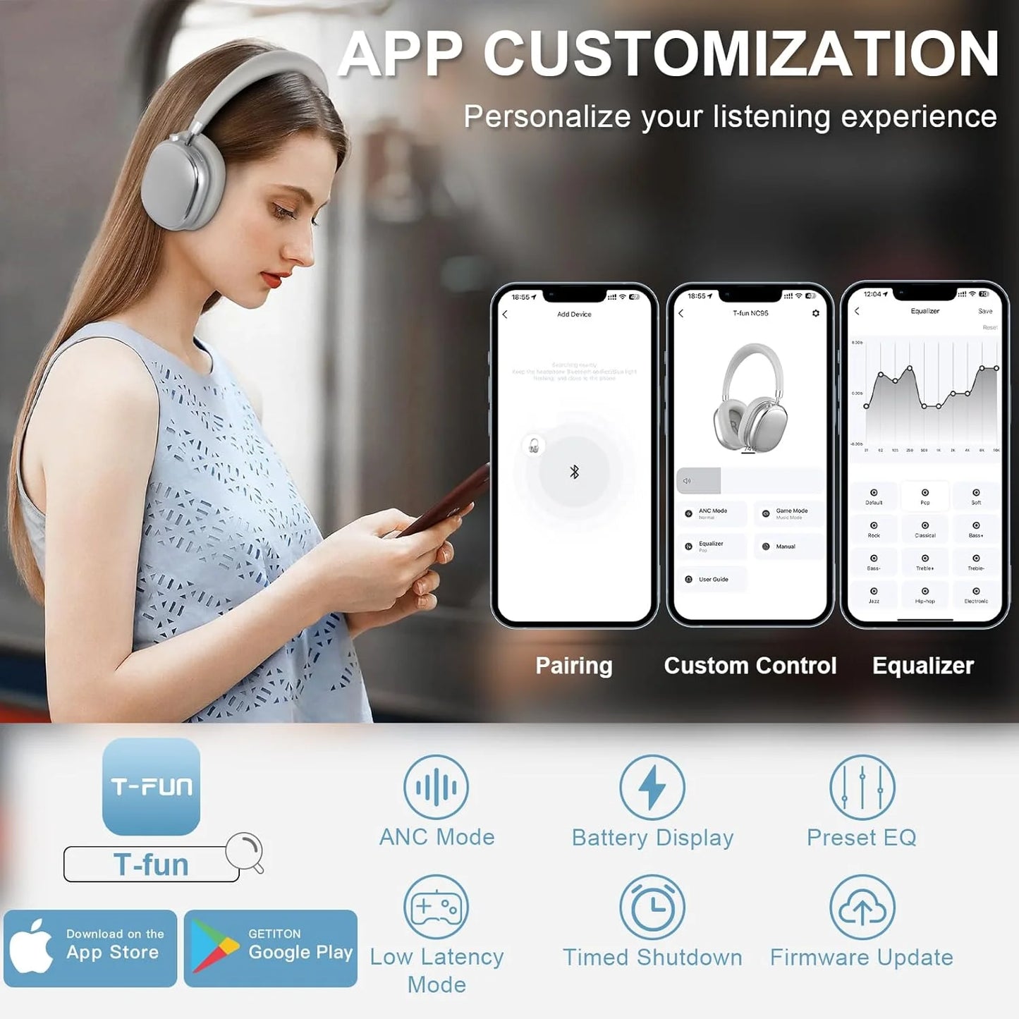 T-fun NC95 Bluetooth Hybrid ANC Headphones with Mic
