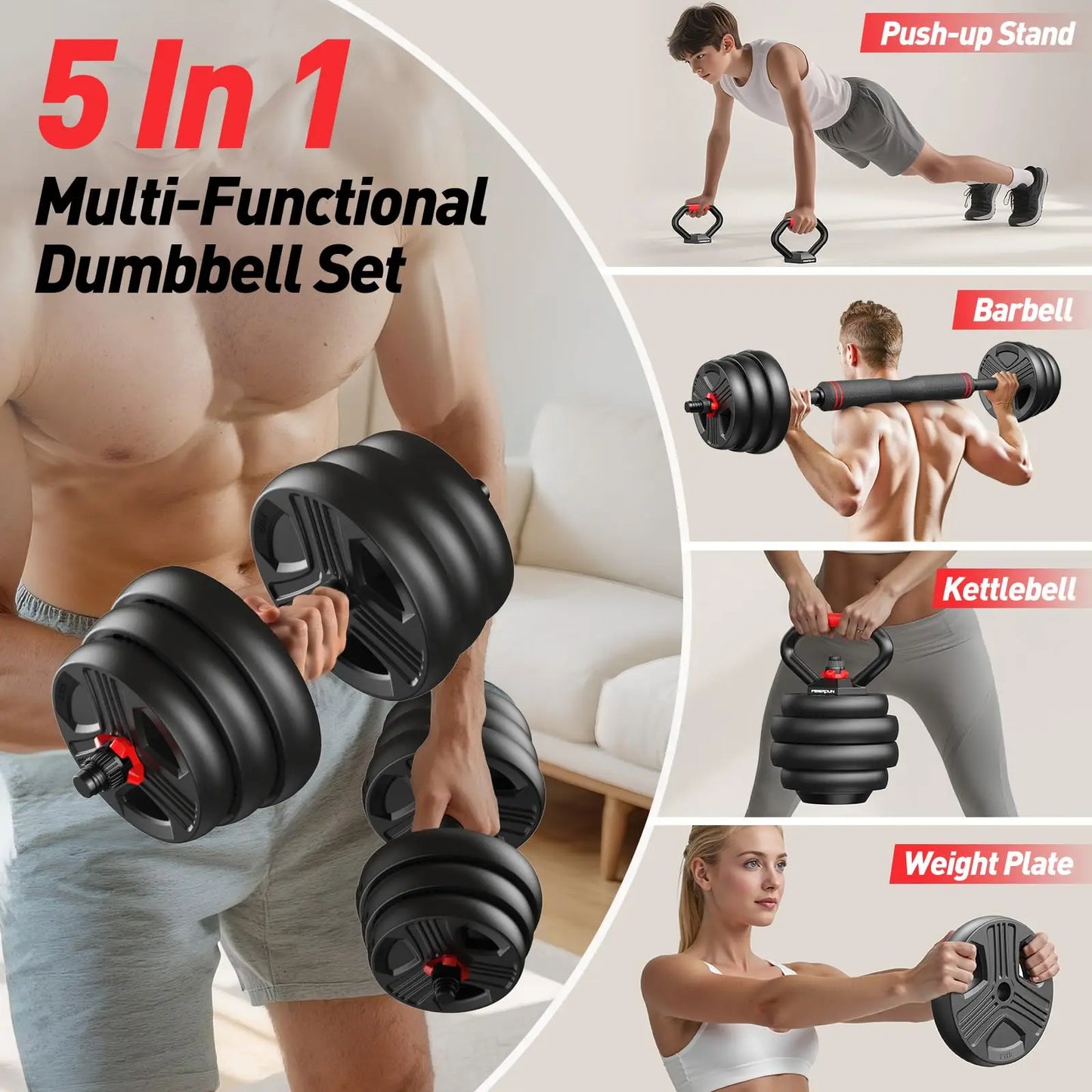 FED Fitness 5 In 1 Adjustable Dumbbell Set Barbell Kettlebell Push Up Stand