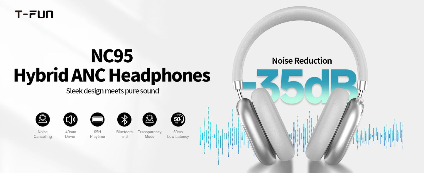 T-fun NC95 Bluetooth Hybrid ANC Headphones with Mic