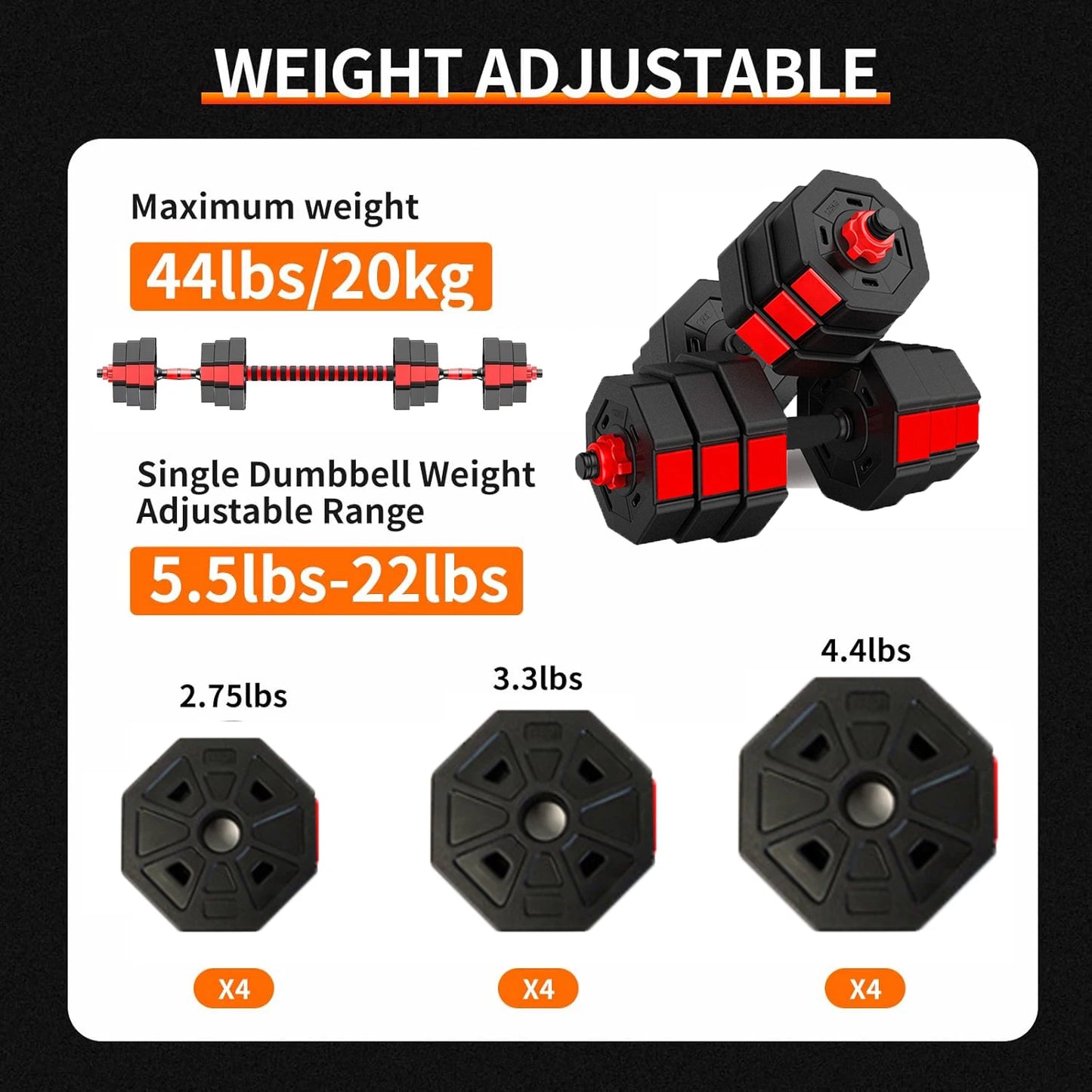 Three In One Adjustable Dumbbell Barbell Fitness Set 44 Pound Home Gym For Strength Training At Home