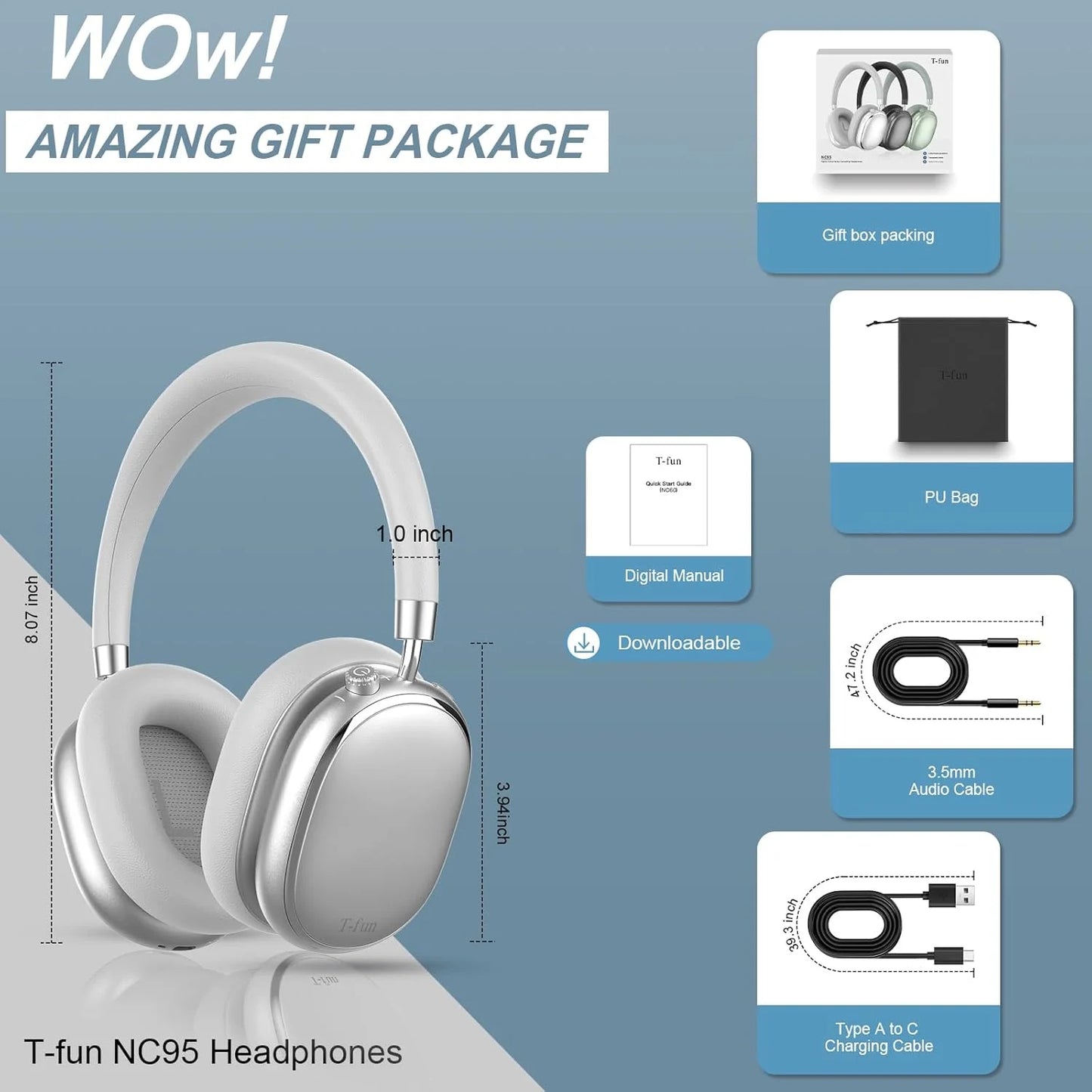 T-fun NC95 Bluetooth Hybrid ANC Headphones with Mic