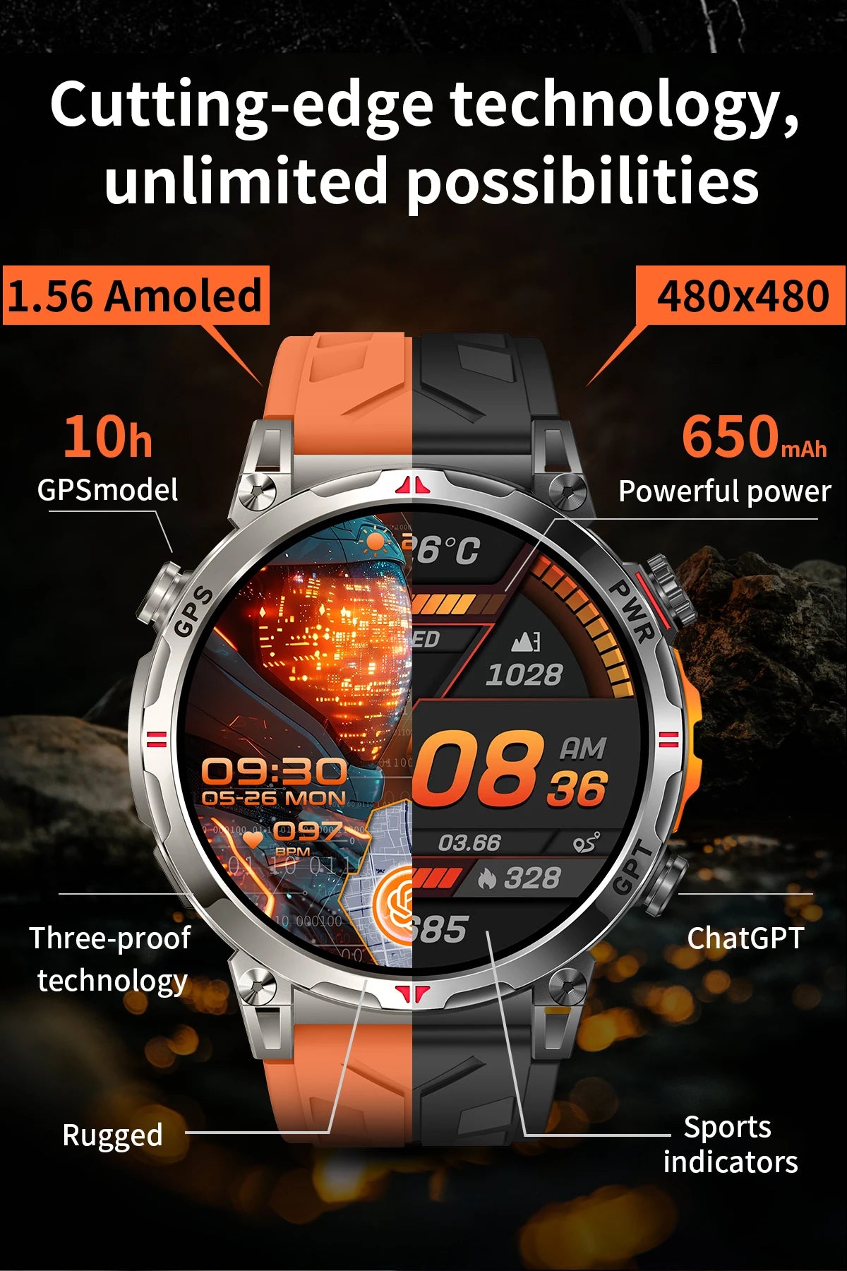 Outdoor GPS Smartwatch For Men With Compass, 10ATM Waterproof, Health Monitoring, Bluetooth Call