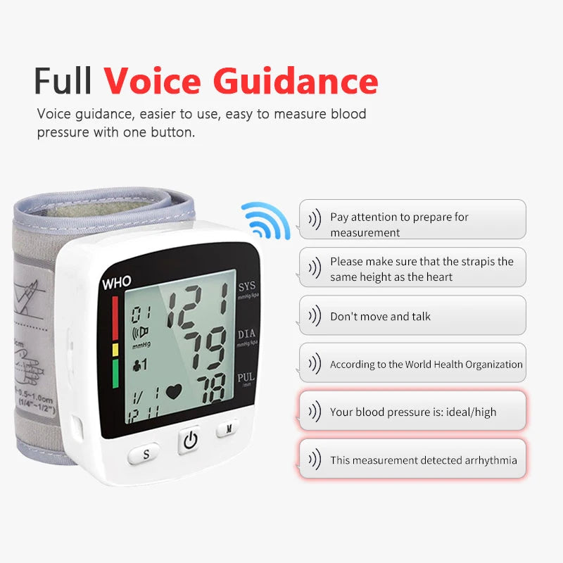 TAKROL Digital Wrist Blood Pressure Monitor Tensiometer With LCD 2x90 Memory Rechargeable