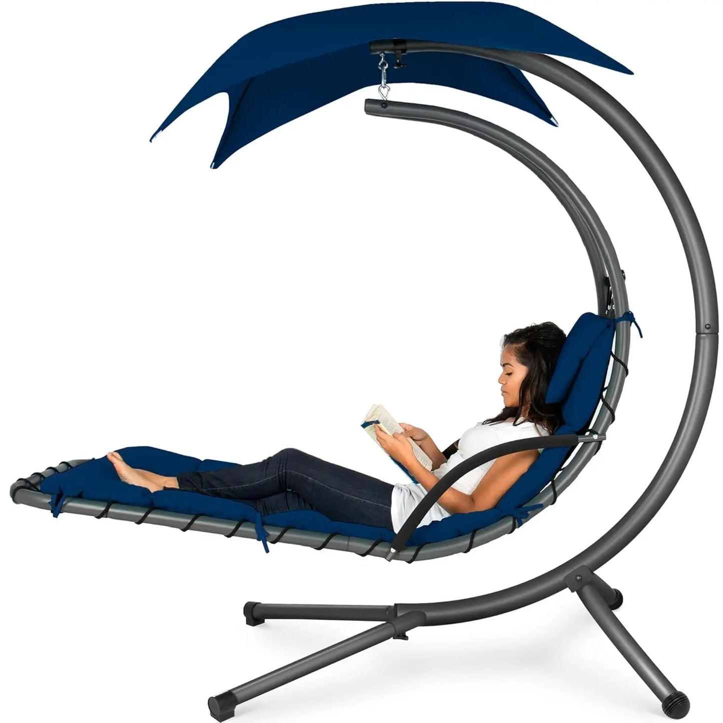 Curved Steel Outdoor Hanging Chaise Lounge With Built-In Pillow