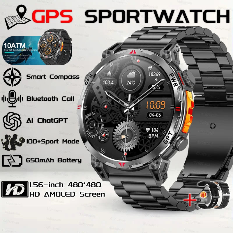 Outdoor GPS Smartwatch For Men With Compass, 10ATM Waterproof, Health Monitoring, Bluetooth Call
