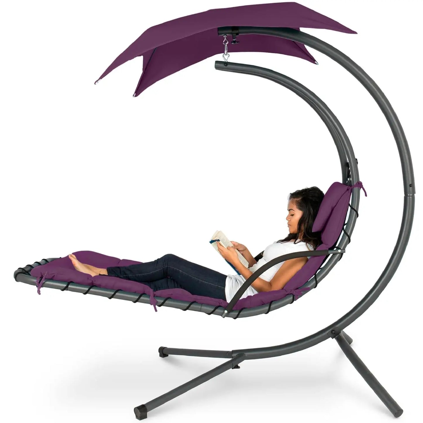Curved Steel Outdoor Hanging Chaise Lounge With Built-In Pillow