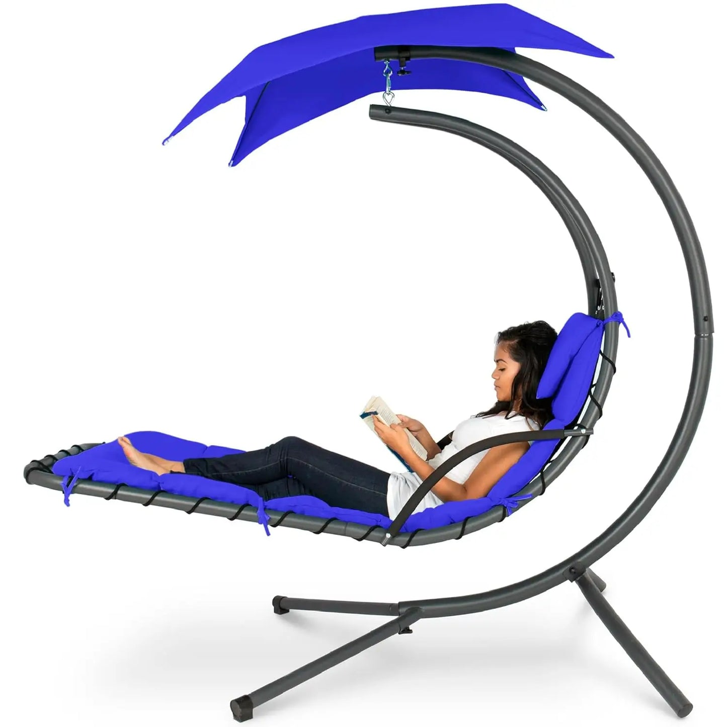 Curved Steel Outdoor Hanging Chaise Lounge With Built-In Pillow