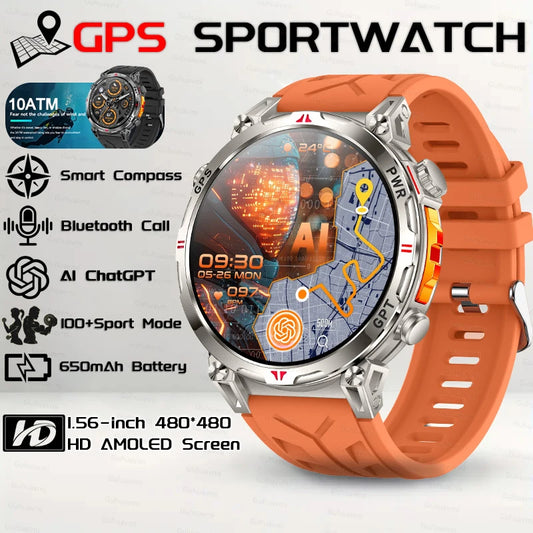 Outdoor GPS Smartwatch For Men With Compass, 10ATM Waterproof, Health Monitoring, Bluetooth Call