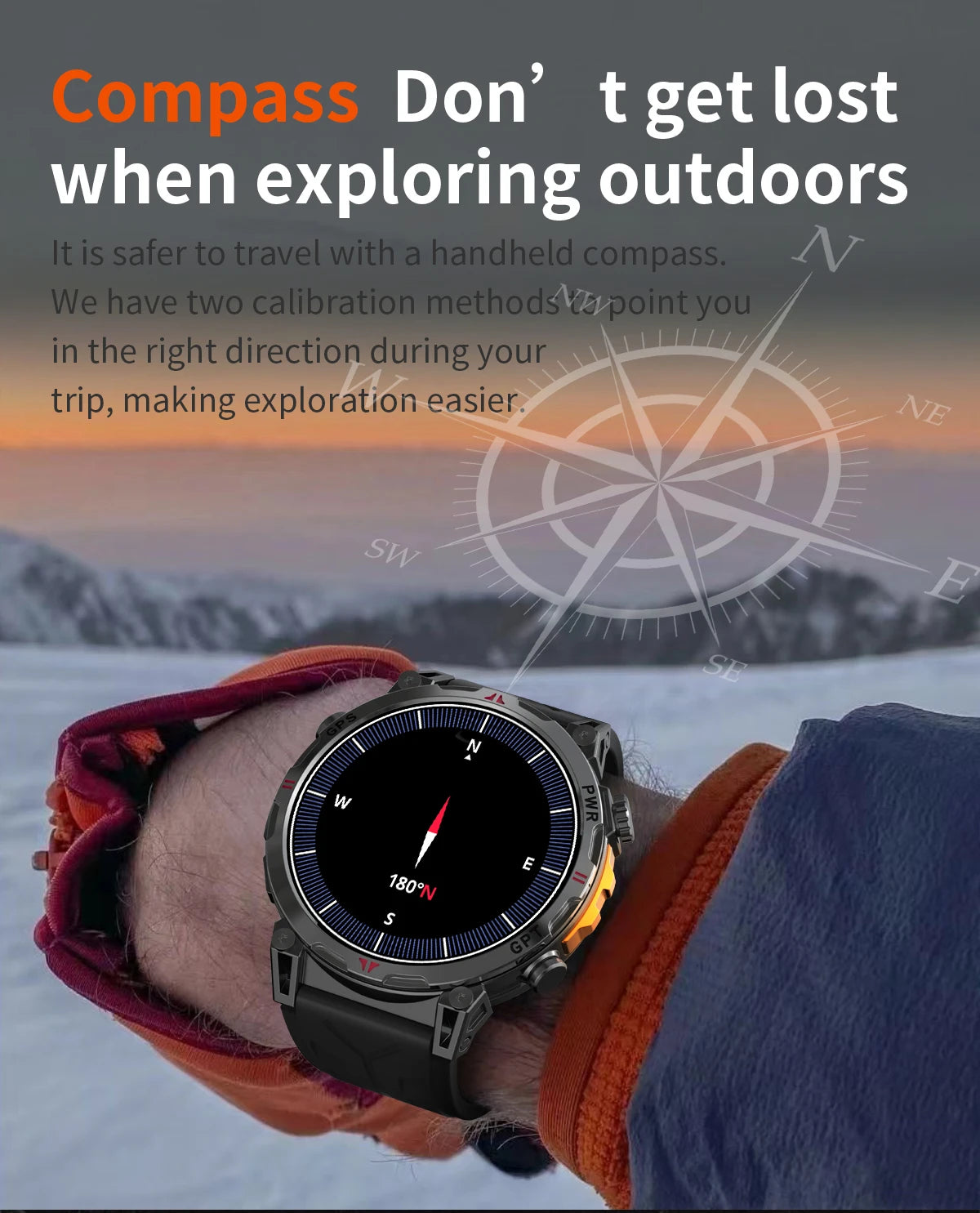 Outdoor GPS Smartwatch For Men With Compass, 10ATM Waterproof, Health Monitoring, Bluetooth Call