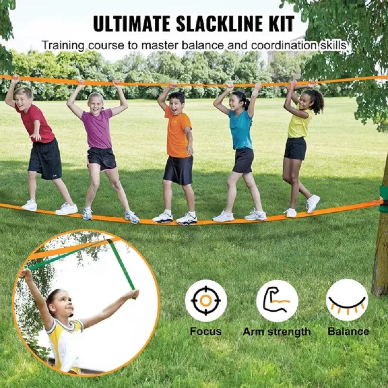 VEVOR Slackline Kit With Training Line For Backyard Fun Durable Dual Ratchet Webbing