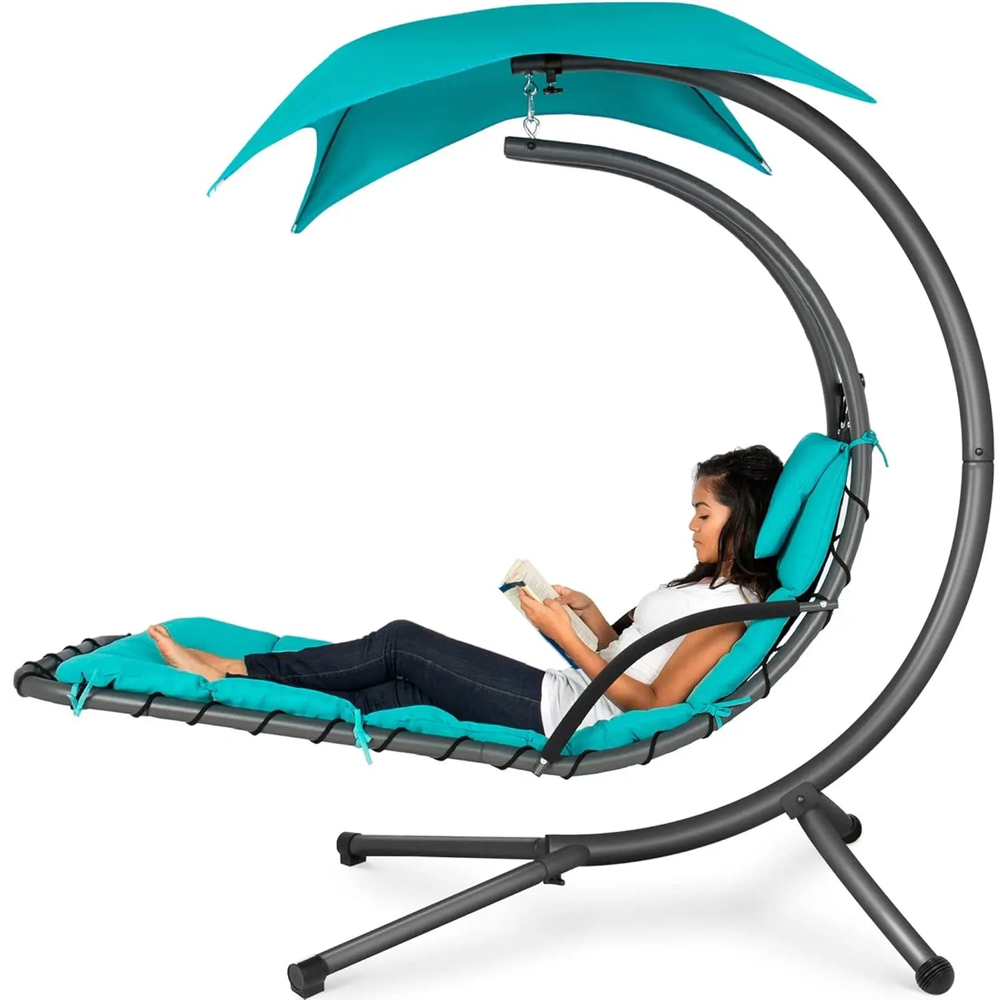 Curved Steel Outdoor Hanging Chaise Lounge With Built-In Pillow