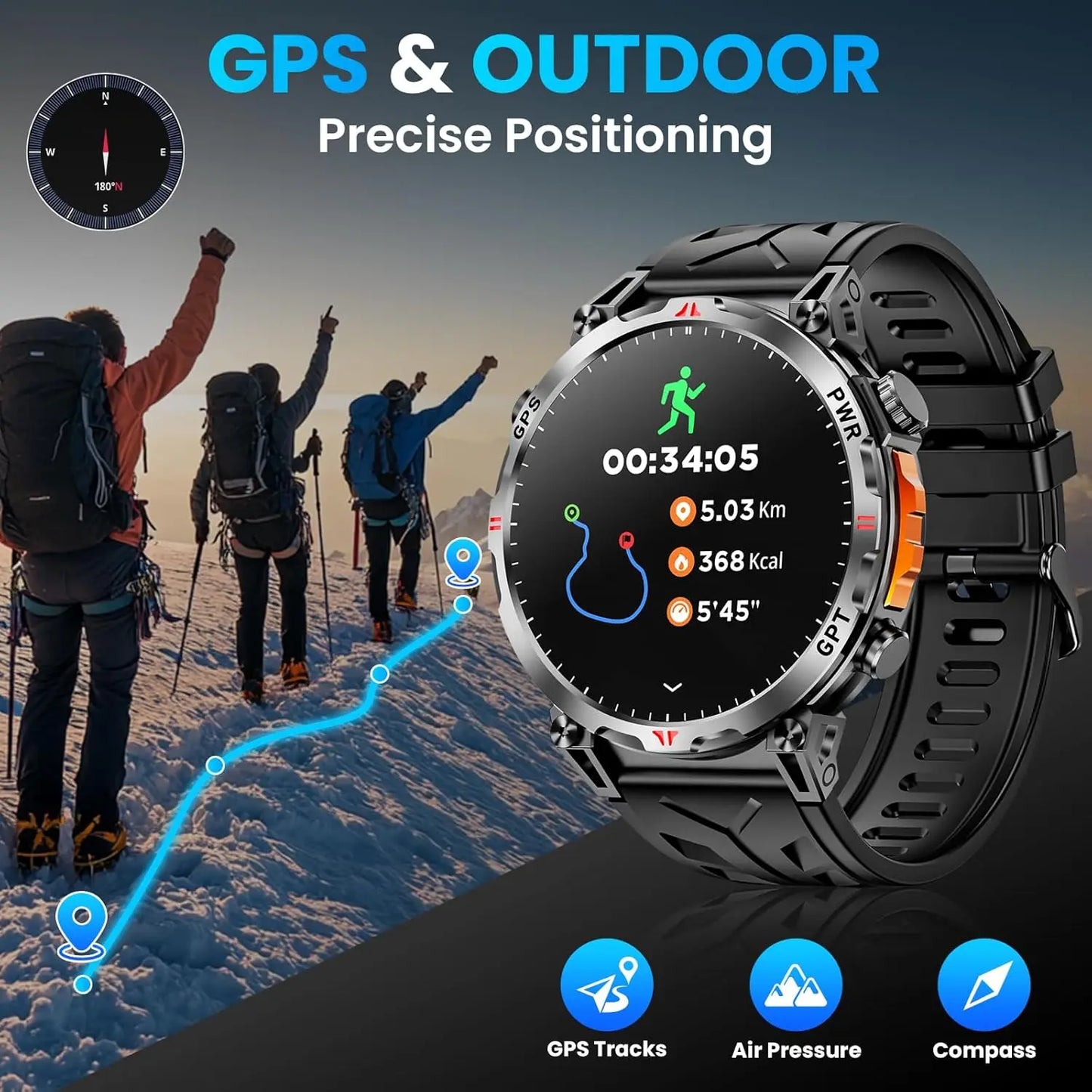 Outdoor GPS Smartwatch For Men With Compass, 10ATM Waterproof, Health Monitoring, Bluetooth Call