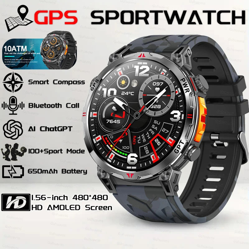 Outdoor GPS Smartwatch For Men With Compass, 10ATM Waterproof, Health Monitoring, Bluetooth Call