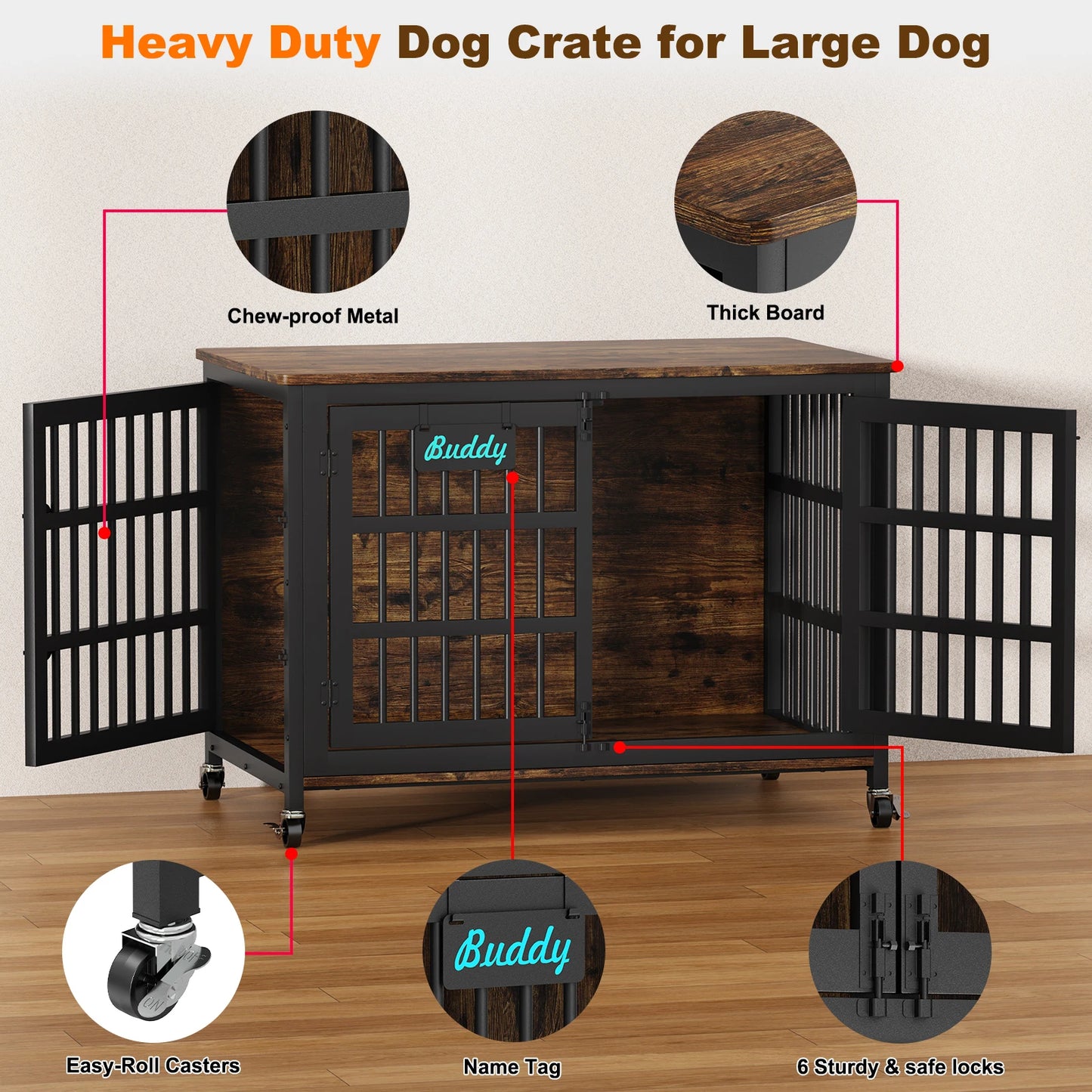 Heavy Duty Indoor Dog Crate Furniture With Casters