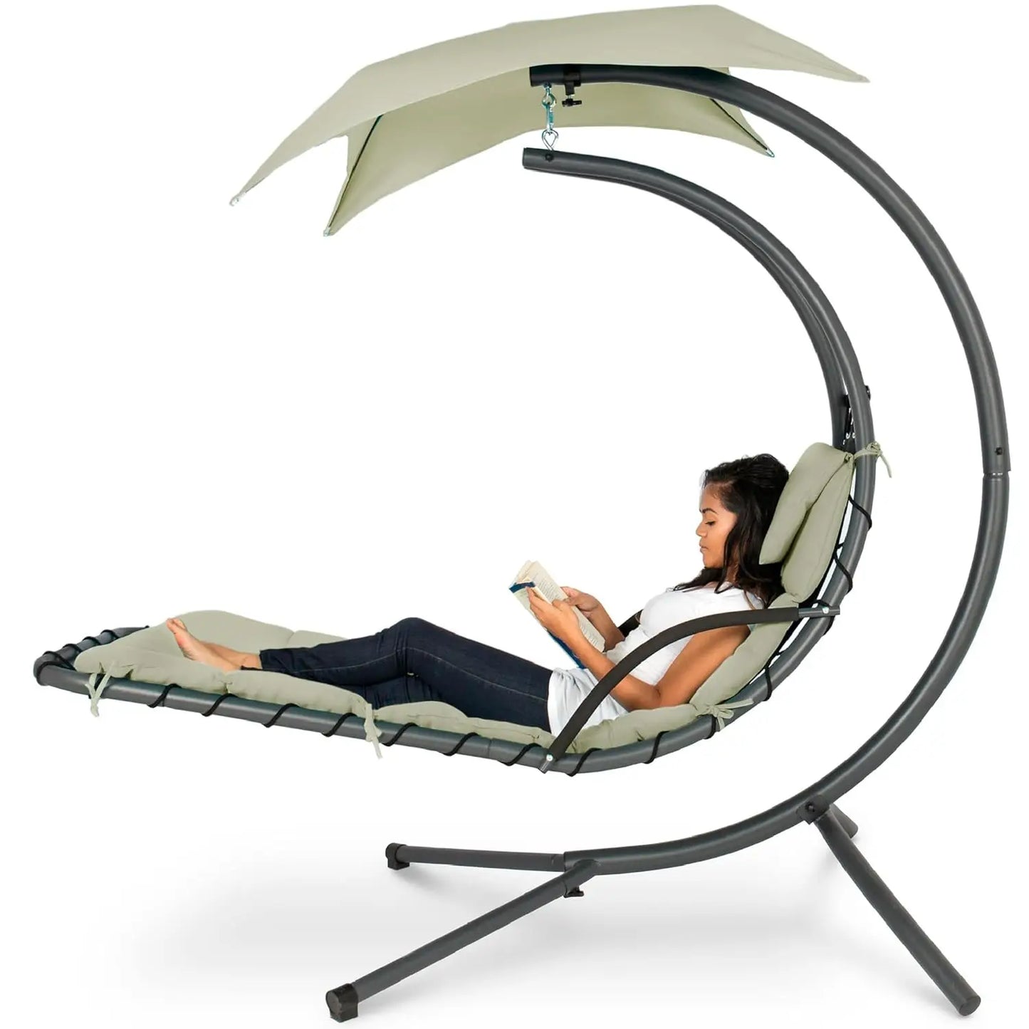 Curved Steel Outdoor Hanging Chaise Lounge With Built-In Pillow