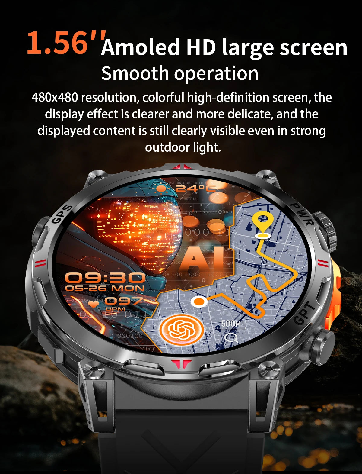 Outdoor GPS Smartwatch For Men With Compass, 10ATM Waterproof, Health Monitoring, Bluetooth Call