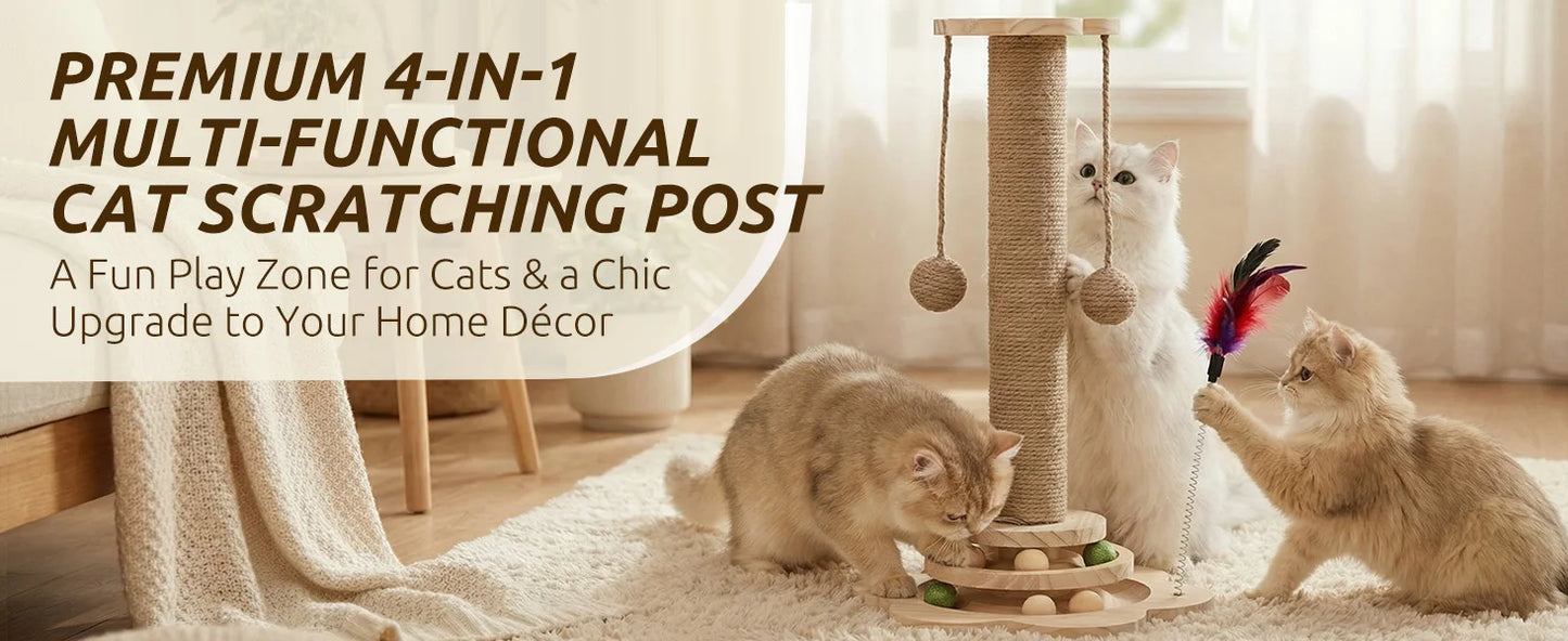AEHOME Interactive Cat Scratching Post With 2 Tier Ball Track Teaser Stick For Indoor Cats
