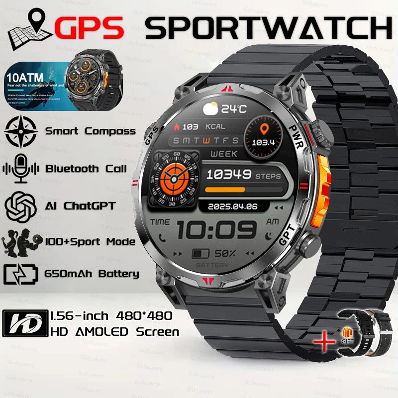 Outdoor GPS Smartwatch For Men With Compass, 10ATM Waterproof, Health Monitoring, Bluetooth Call