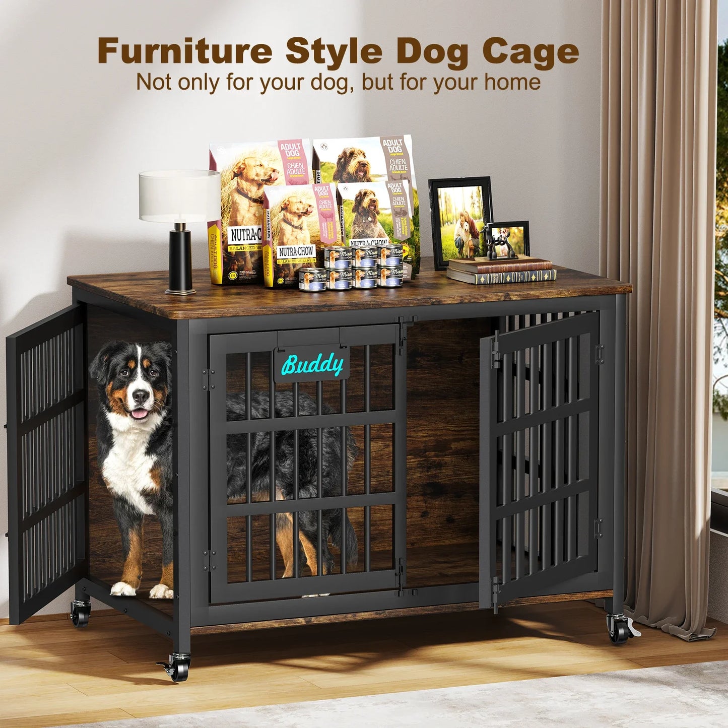 Heavy Duty Indoor Dog Crate Furniture With Casters