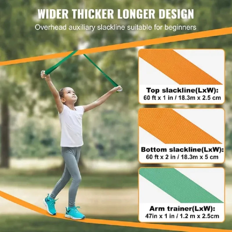 VEVOR Slackline Kit With Training Line For Backyard Fun Durable Dual Ratchet Webbing