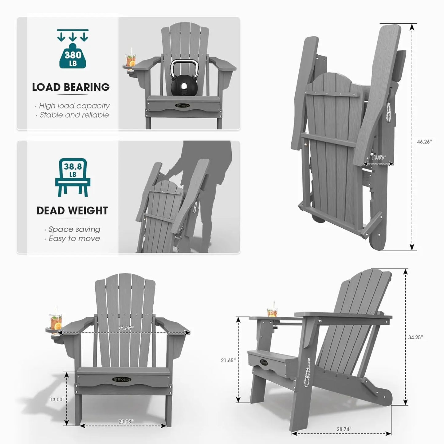 MOYU Folding Adirondack Chairs Set of 2 With Cup Holder All-Weather HDPE Outdoor