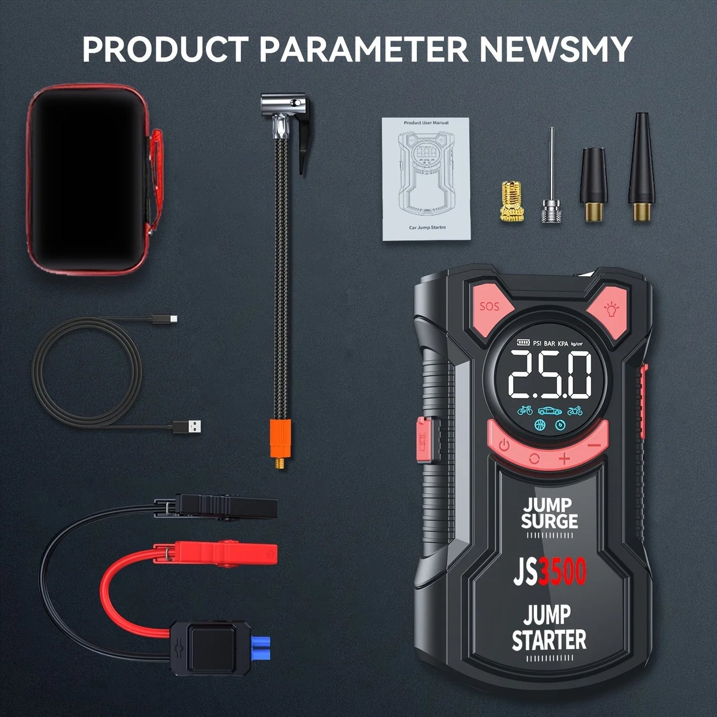 5 in 1 Jump Starter With Air Pump 3000A Peak And Digital Tire Inflator Rechargeable Battery Pack