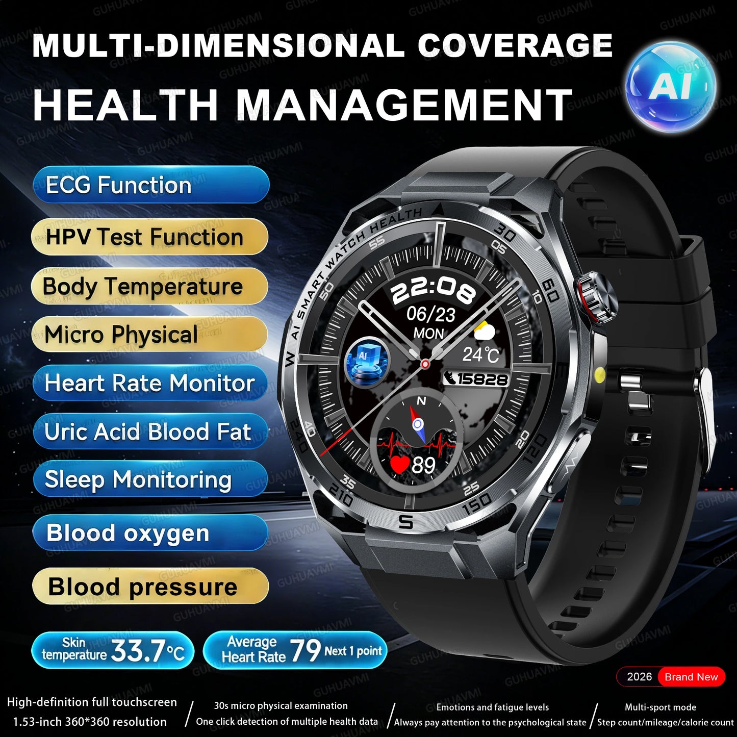 Smart Health Watch With ECG And PPG Body Fat Analysis Uric Acid BP Blood Oxygen Bluetooth Calling