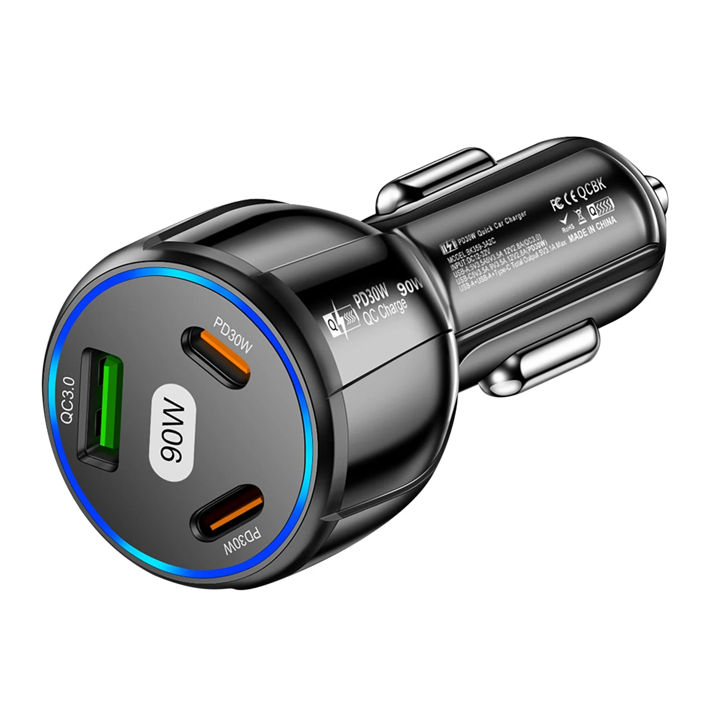 Three Port USB Type C Quick Charge Fast Car Charger With USB PD For iPhone And Samsung