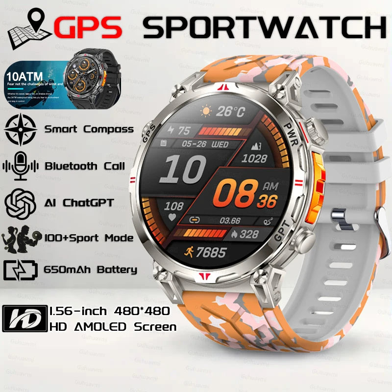 Outdoor GPS Smartwatch For Men With Compass, 10ATM Waterproof, Health Monitoring, Bluetooth Call