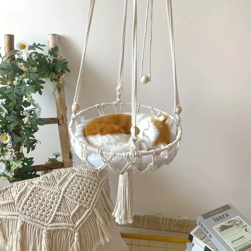 Handwoven Cotton Rope Cat Hammock Durable Heavy-Duty Load-Bearing Pet Bed For Two Cats