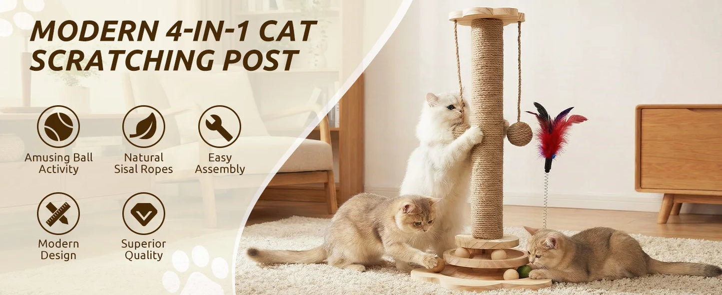 AEHOME Interactive Cat Scratching Post With 2 Tier Ball Track Teaser Stick For Indoor Cats