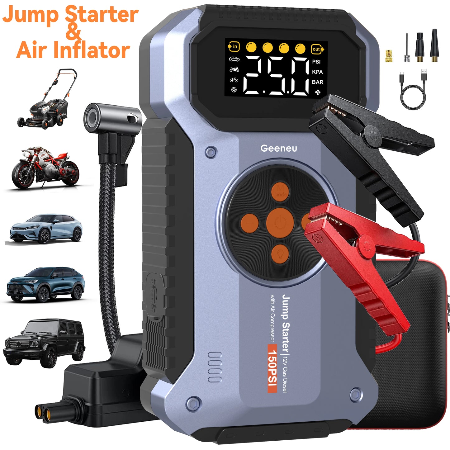 Geeneu 12V Jump Starter With Air Inflator USB Power Pack For Vehicles And Emergencies