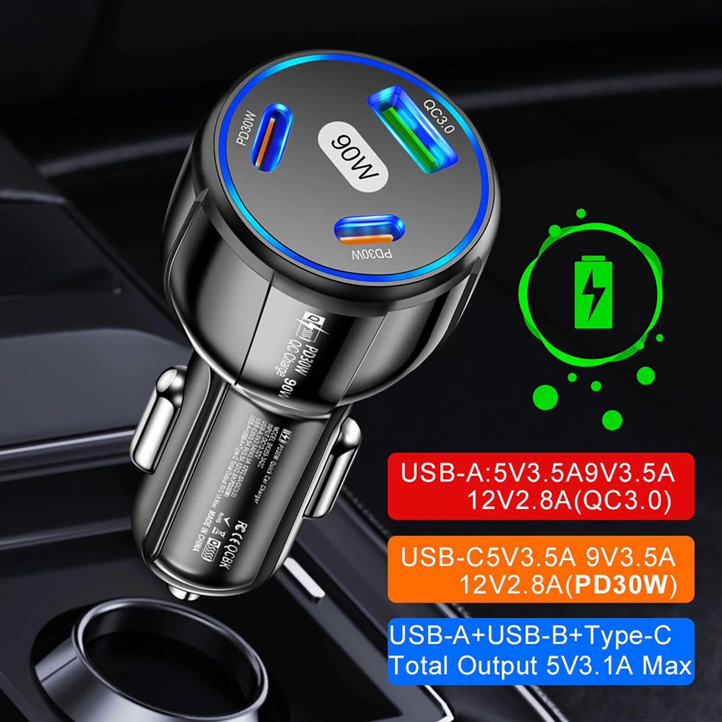 Three Port USB Type C Quick Charge Fast Car Charger With USB PD For iPhone And Samsung