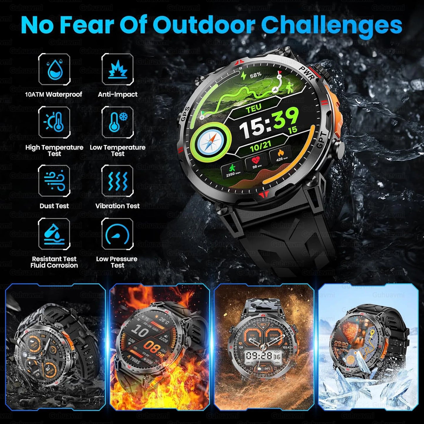 Outdoor GPS Smartwatch For Men With Compass, 10ATM Waterproof, Health Monitoring, Bluetooth Call