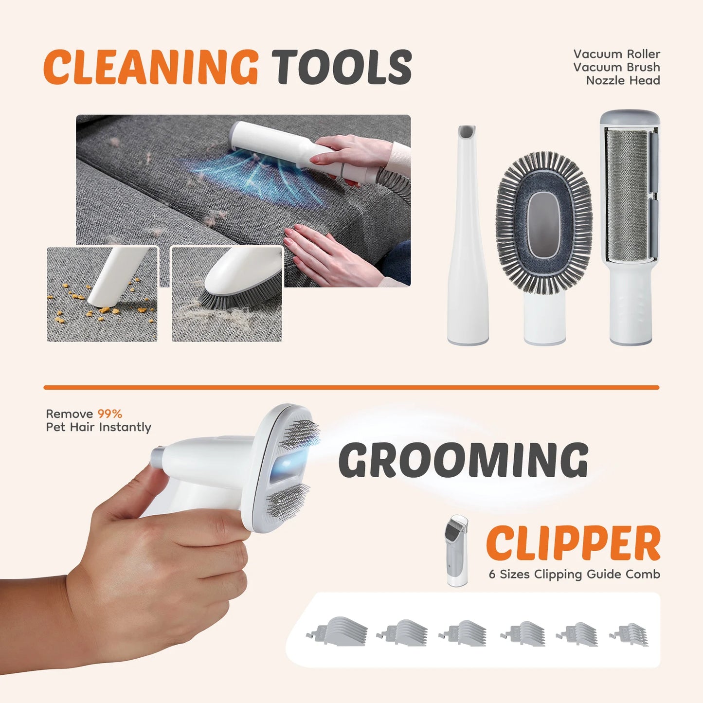 JHK Pet Grooming Vacuum Kit With Cordless Low Noise Clippers And 3 Suction Modes