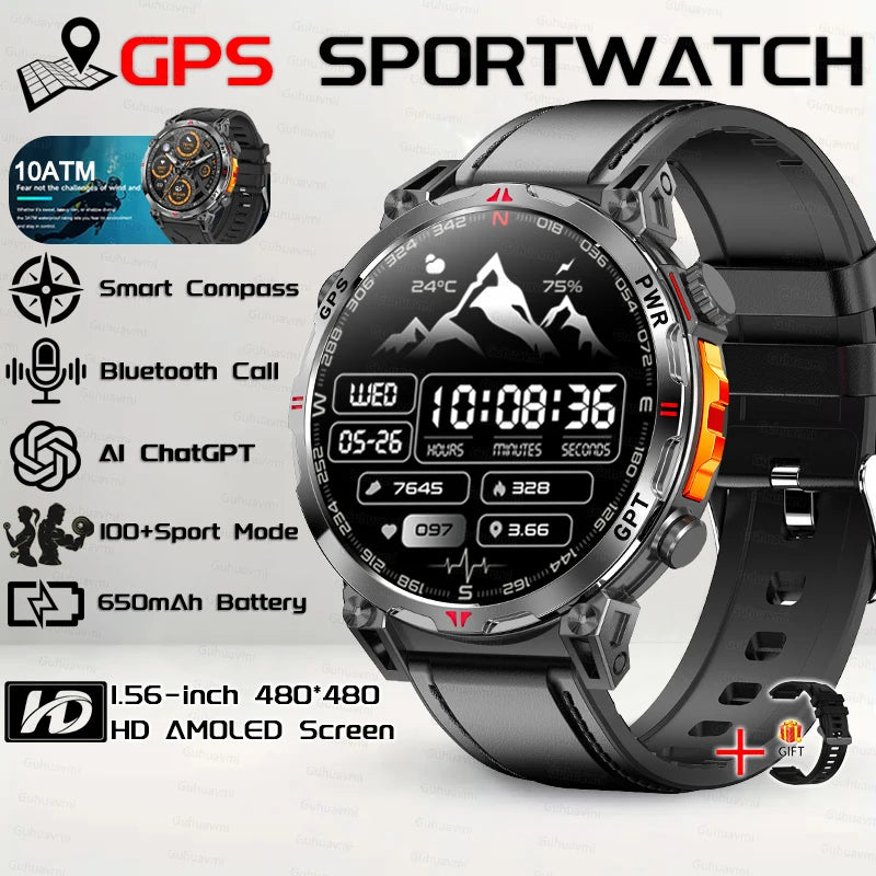 Outdoor GPS Smartwatch For Men With Compass, 10ATM Waterproof, Health Monitoring, Bluetooth Call