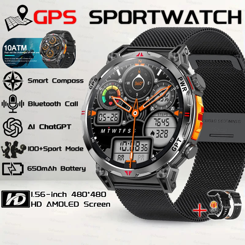 Outdoor GPS Smartwatch For Men With Compass, 10ATM Waterproof, Health Monitoring, Bluetooth Call