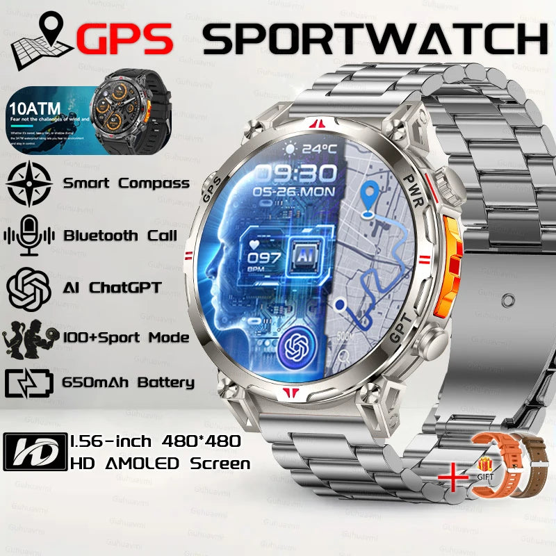 Outdoor GPS Smartwatch For Men With Compass, 10ATM Waterproof, Health Monitoring, Bluetooth Call