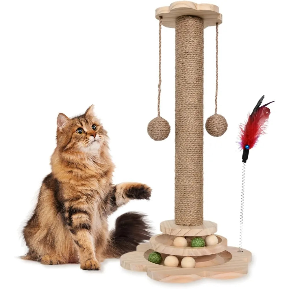 AEHOME Interactive Cat Scratching Post With 2 Tier Ball Track Teaser Stick For Indoor Cats