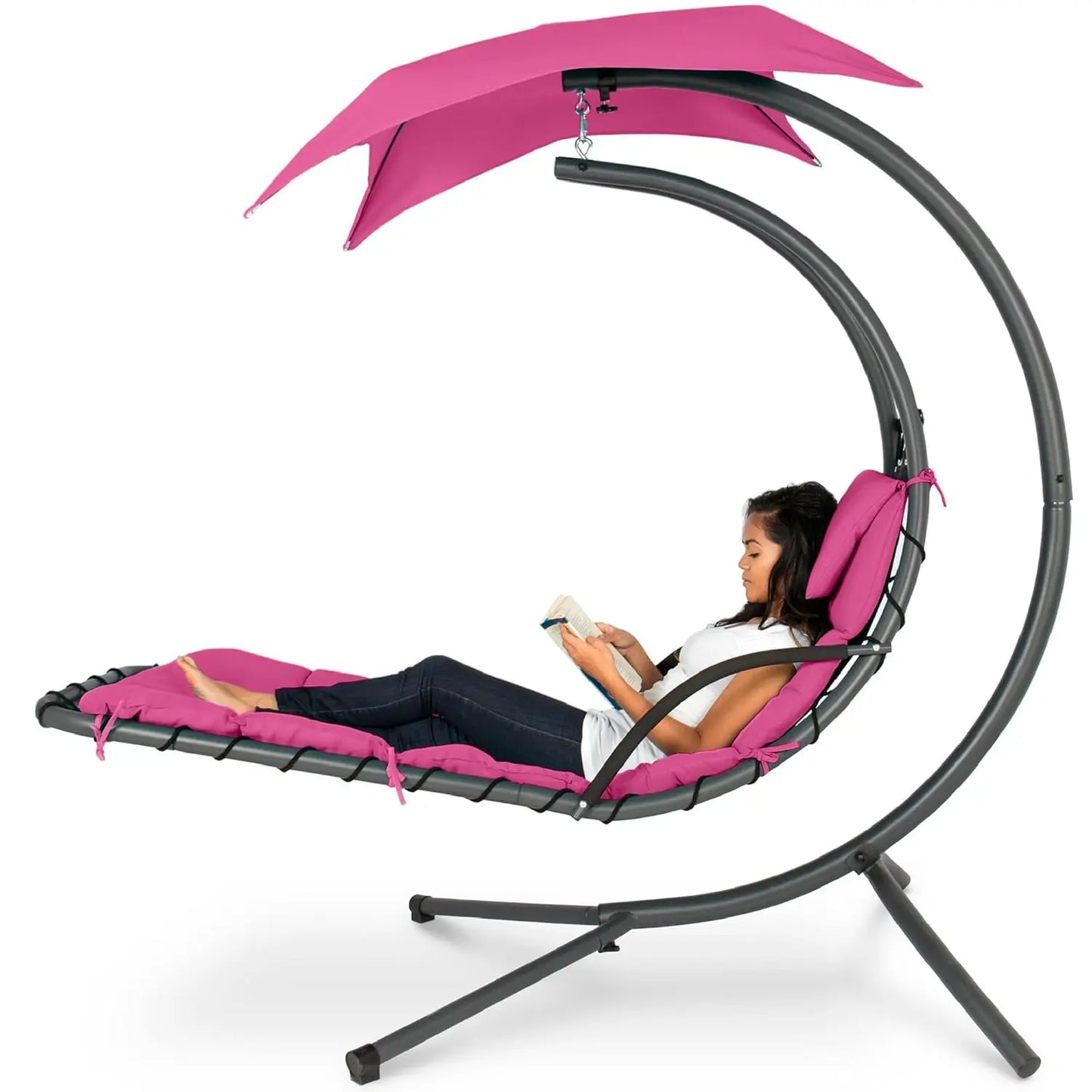 Curved Steel Outdoor Hanging Chaise Lounge With Built-In Pillow