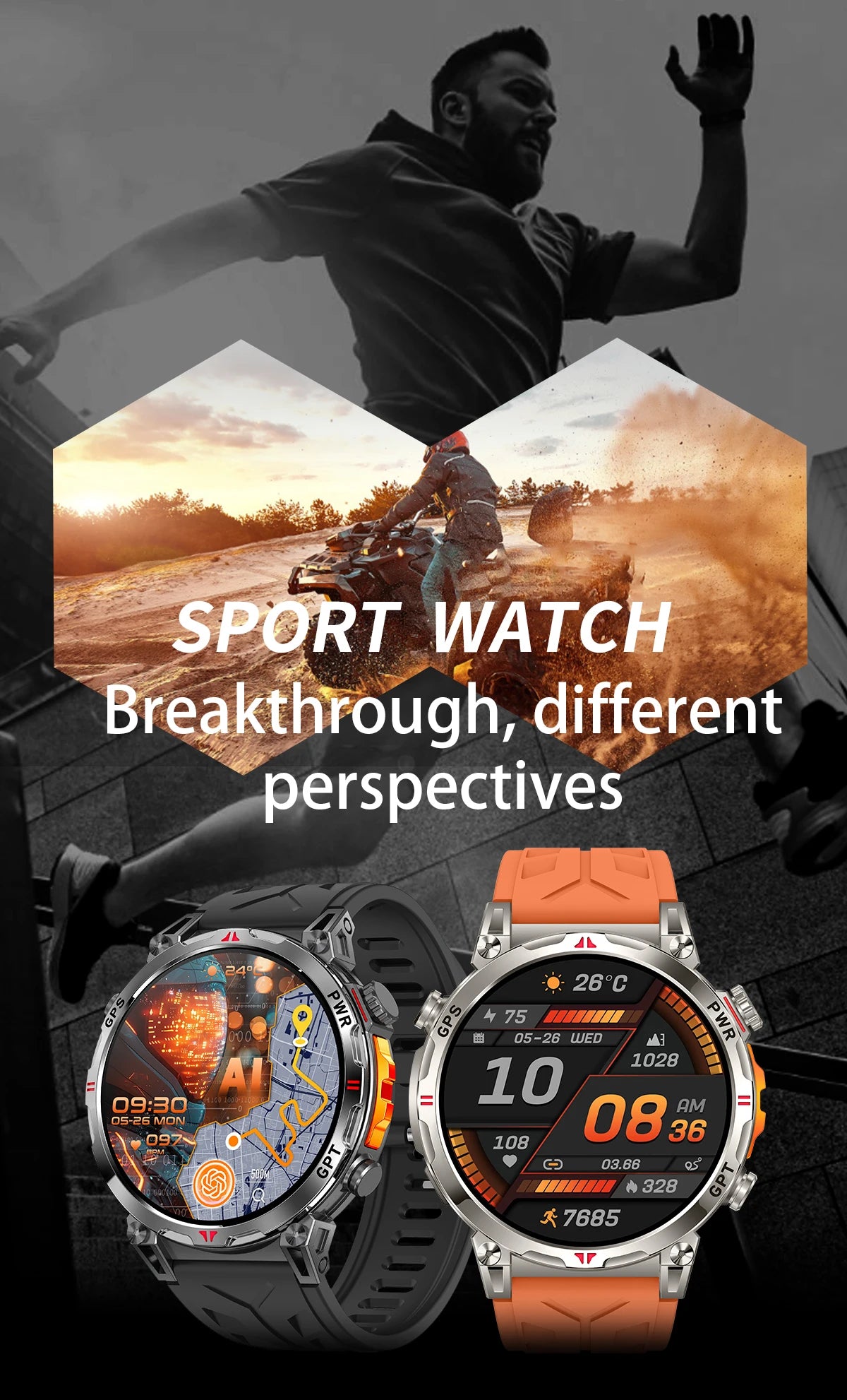 Outdoor GPS Smartwatch For Men With Compass, 10ATM Waterproof, Health Monitoring, Bluetooth Call