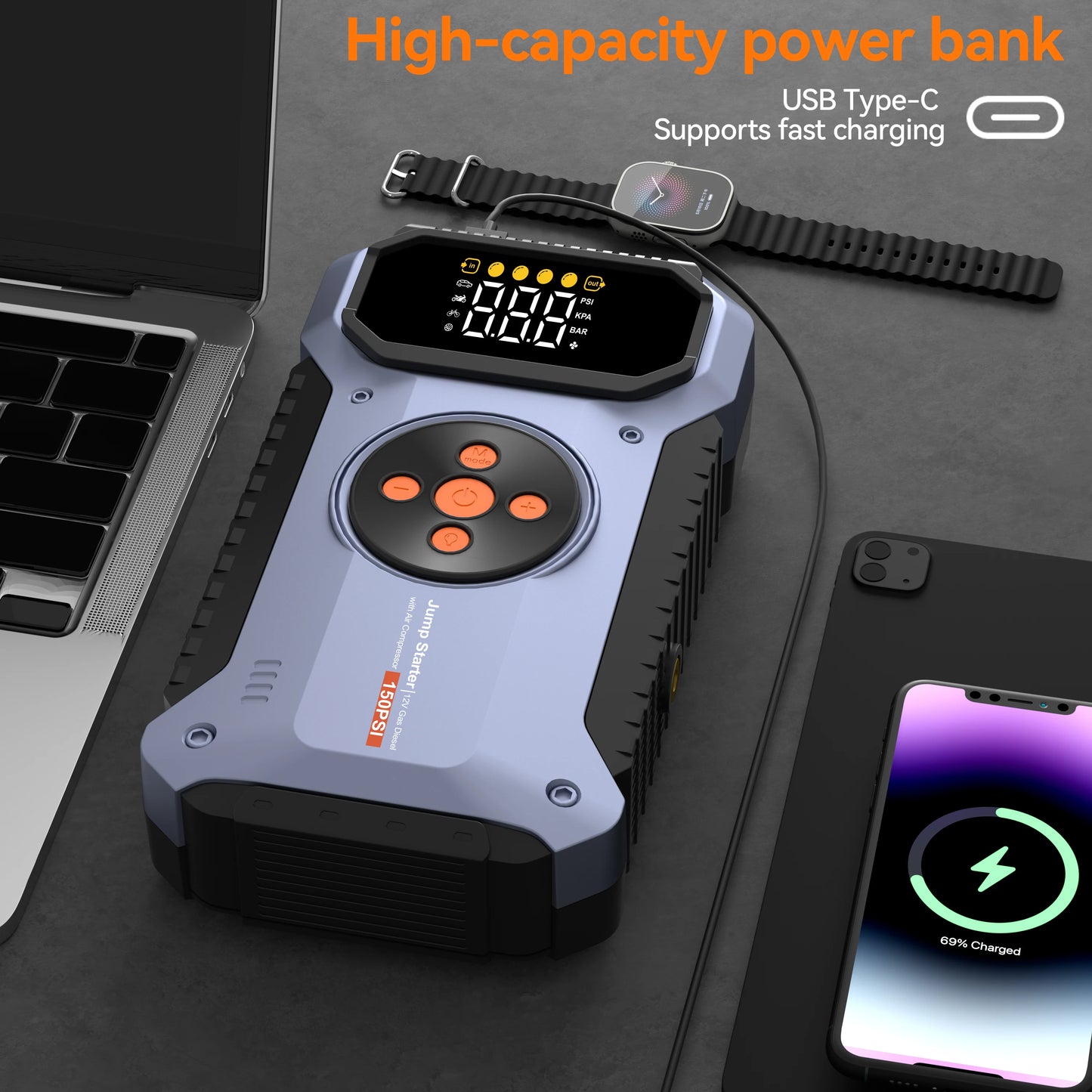 Geeneu 12V Jump Starter With Air Inflator USB Power Pack For Vehicles And Emergencies