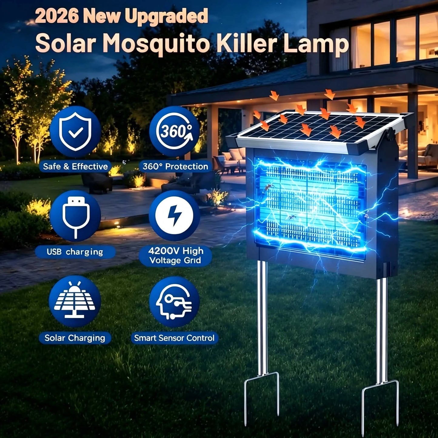 Solar Bug Zapper Outdoor 4500V Mosquito Killer for Garden